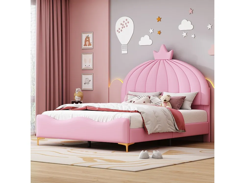 Gestoffeerd bed 140 x 200 cm - Kunstleer en metaal - Kroonvormig hoofdeinde - Roze kleur