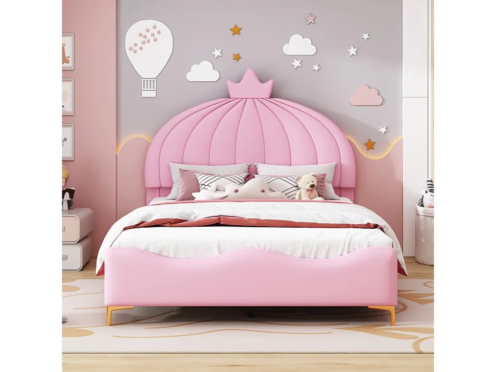 Gestoffeerd bed 140 x 200 cm - Kunstleer en metaal - Kroonvormig hoofdeinde - Roze kleur