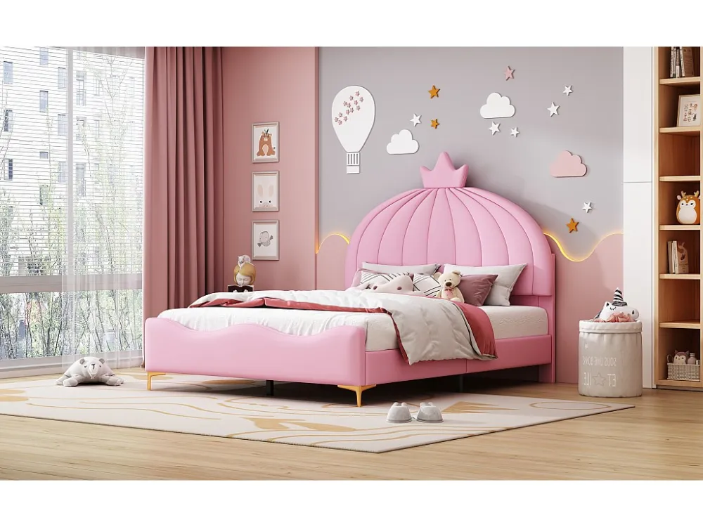 Gestoffeerd bed 140 x 200 cm - Kunstleer en metaal - Kroonvormig hoofdeinde - Roze kleur
