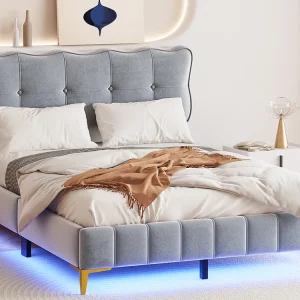 Gestoffeerd bed 140 x 200 cm met hoofdeinde - LED's - Fluweel - Grijs