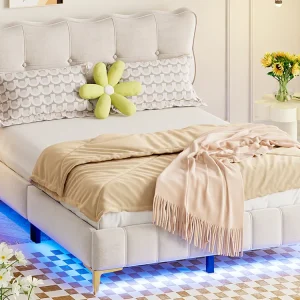 Gestoffeerd bed 140 x 200 cm met hoofdeinde - LED's - Fluweel - Lichtbruin