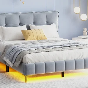 Gestoffeerd bed 160 x 200 cm met hoofdeinde - LED's - Fluweel - Grijs