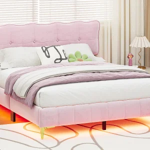 Gestoffeerd bed 160 x 200 cm met hoofdeinde - LED's - Fluweel - Roze