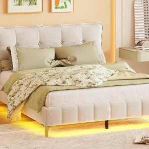 Gestoffeerd bed 160 x 200 cm met hoofdeinde - LED's - Fluweel - Natuurtint