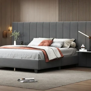 Gestoffeerd bed 160 x 200 cm met langwerpig hoofdeinde en rugleuning - planken - fluweel - grijs
