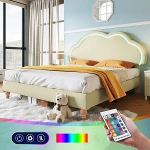 Gestoffeerd bed 160 x 200 cm met verstelbaar wolkenhoofdeinde - PU-leer - LED's - Crèmekleur
