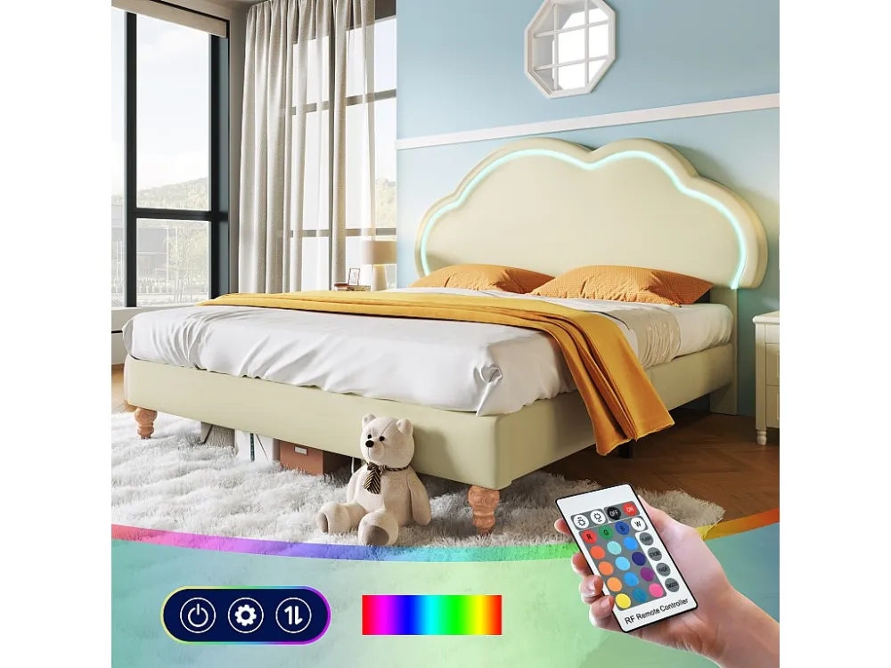 Gestoffeerd bed 160 x 200 cm met verstelbaar wolkenhoofdeinde - PU-leer - LED's - Crèmekleur