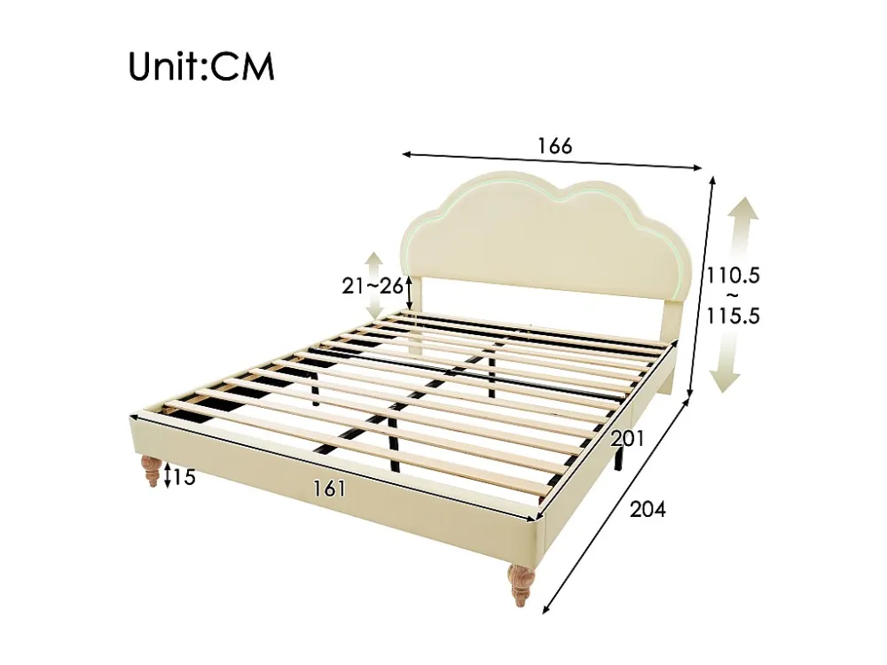 Gestoffeerd bed 160 x 200 cm met verstelbaar wolkenhoofdeinde - PU-leer - LED's - Crèmekleur