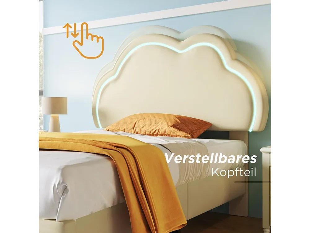 Gestoffeerd bed 160 x 200 cm met verstelbaar wolkenhoofdeinde - PU-leer - LED's - Crèmekleur