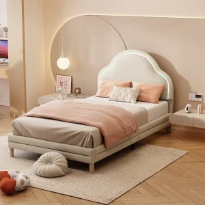 Gestoffeerd bed 90 x 200 cm met hoofdeinde - LED's - Fluweel - Wolkvorm - Lichtbruin