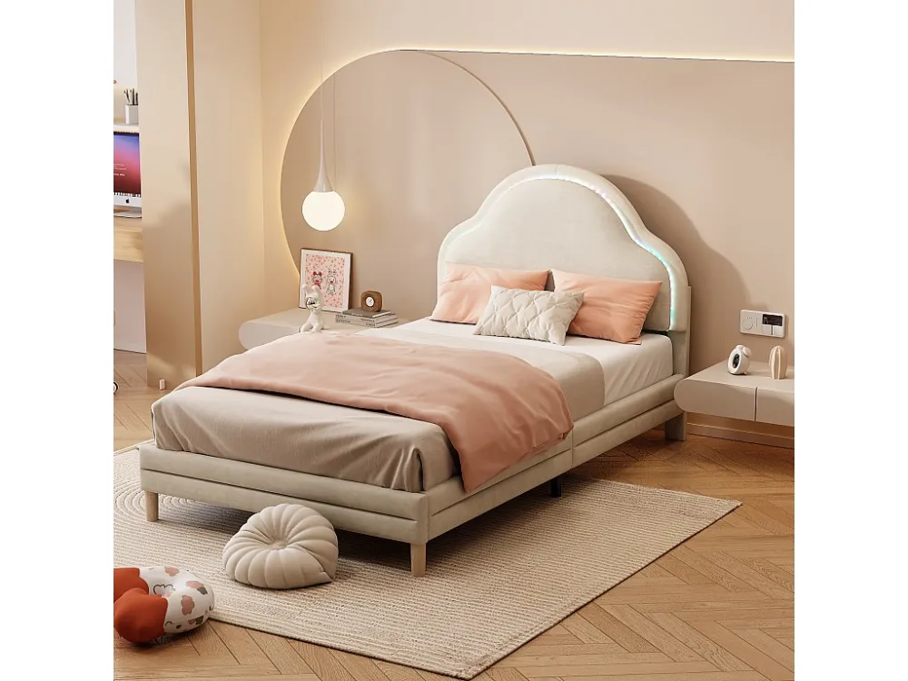 Gestoffeerd bed 90 x 200 cm met hoofdeinde - LED's - Fluweel - Wolkvorm - Lichtbruin