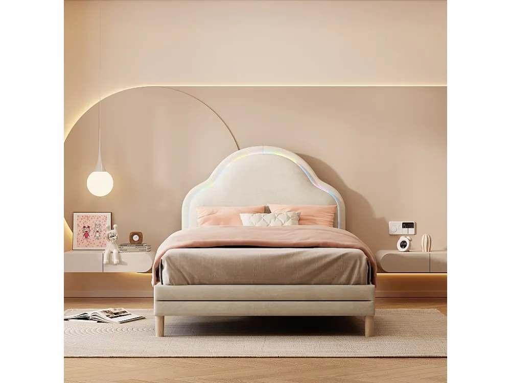 Gestoffeerd bed 90 x 200 cm met hoofdeinde - LED's - Fluweel - Wolkvorm - Lichtbruin