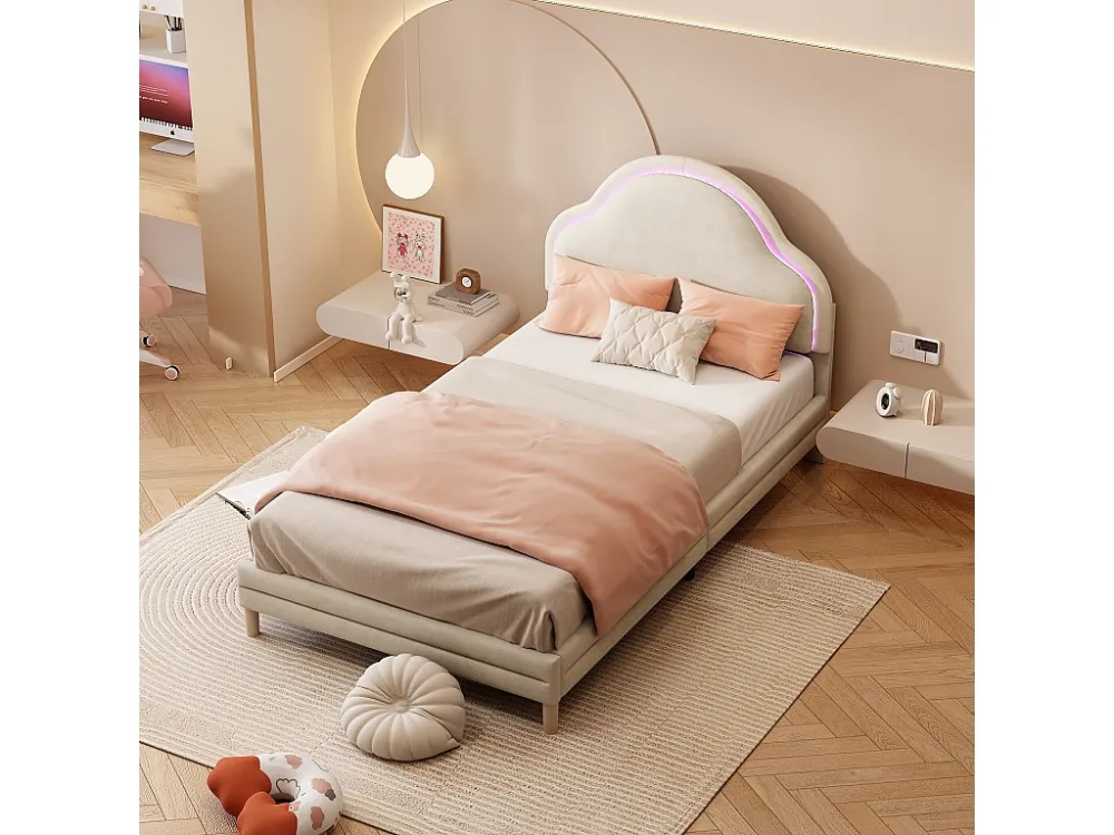 Gestoffeerd bed 90 x 200 cm met hoofdeinde - LED's - Fluweel - Wolkvorm - Lichtbruin