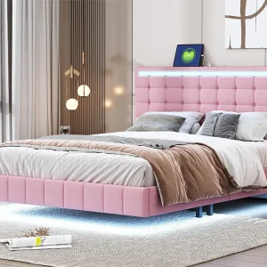 Gestoffeerd bed met hoofdeinde - 140 x 200 cm - zwevend bedframe - LED's - linnenstof - roze