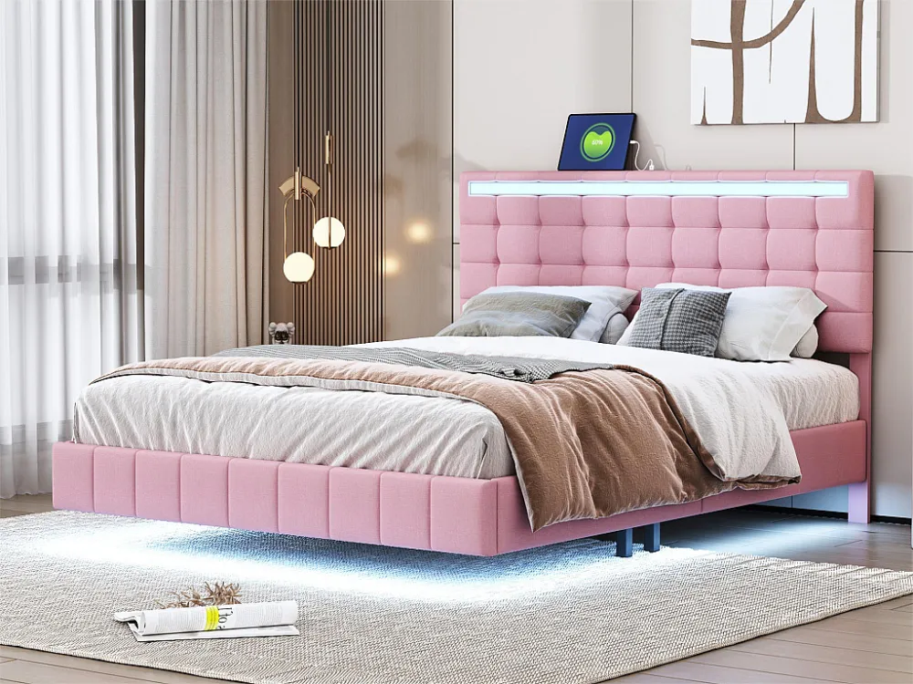 Gestoffeerd bed met hoofdeinde - 140 x 200 cm - zwevend bedframe - LED's - linnenstof - roze