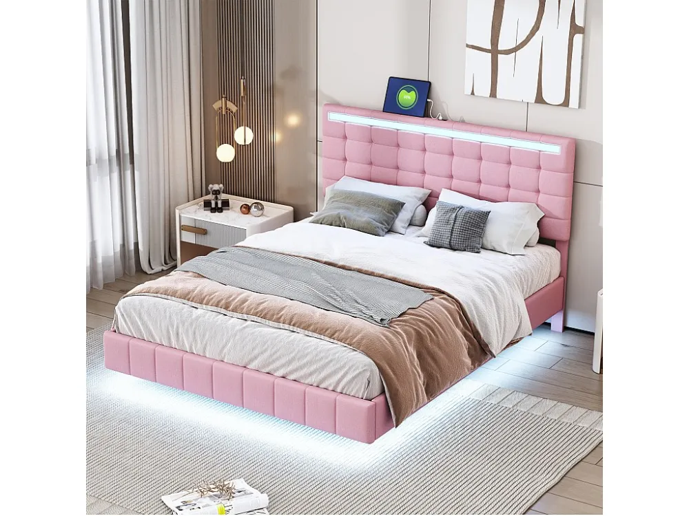Gestoffeerd bed met hoofdeinde - 140 x 200 cm - zwevend bedframe - LED's - linnenstof - roze