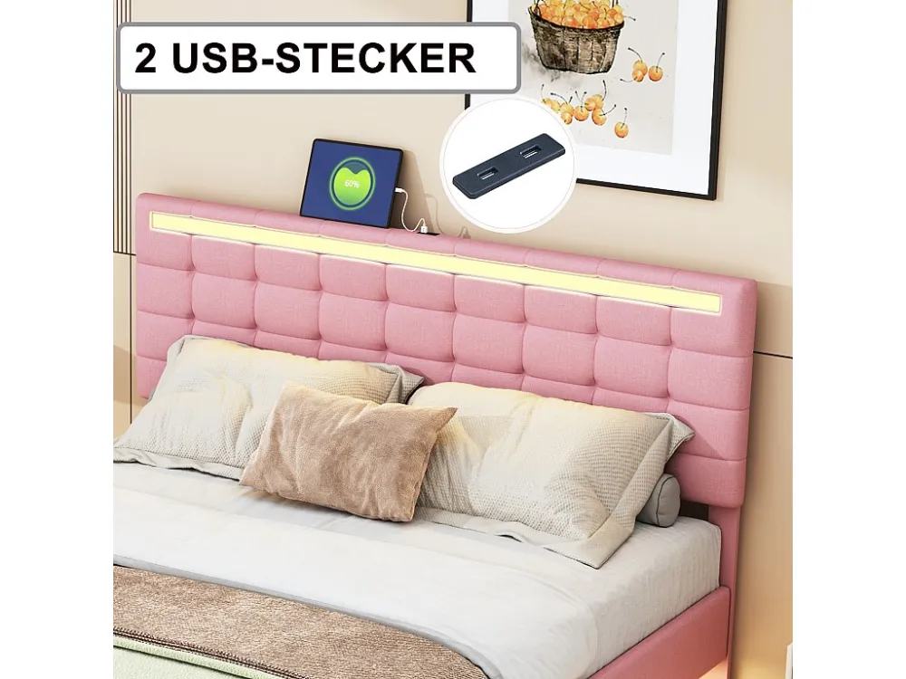 Gestoffeerd bed met hoofdeinde - 140 x 200 cm - zwevend bedframe - LED's - linnenstof - roze
