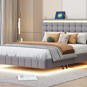 Gestoffeerd bed met hoofdeinde - 140 x 200 cm - zwevend bedframe - LED's - linnenstof - grijs