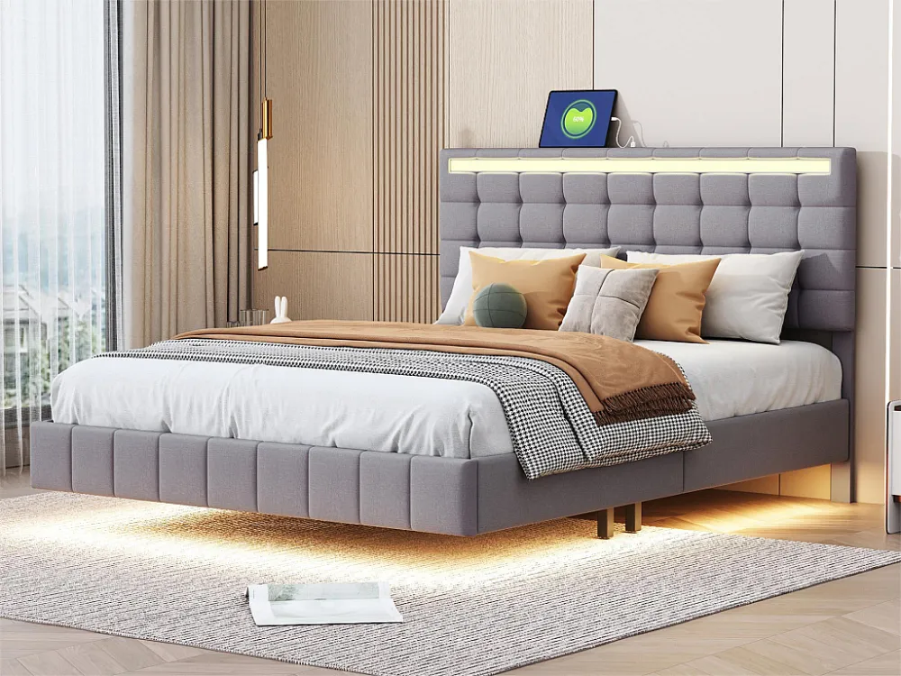 Gestoffeerd bed met hoofdeinde - 140 x 200 cm - zwevend bedframe - LED's - linnenstof - grijs