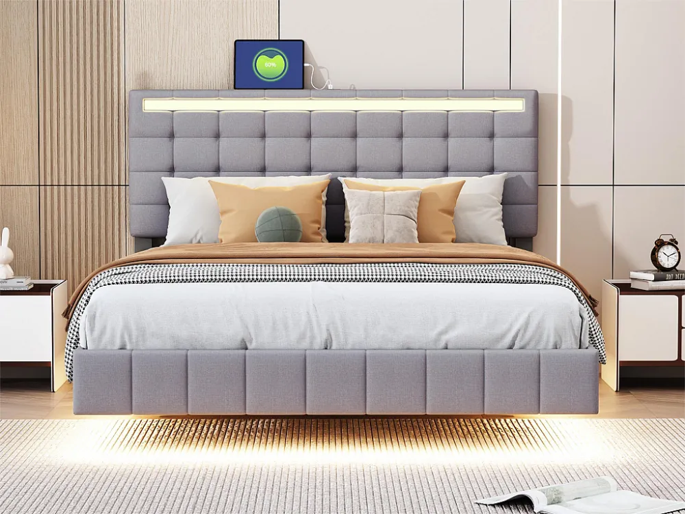 Gestoffeerd bed met hoofdeinde - 140 x 200 cm - zwevend bedframe - LED's - linnenstof - grijs