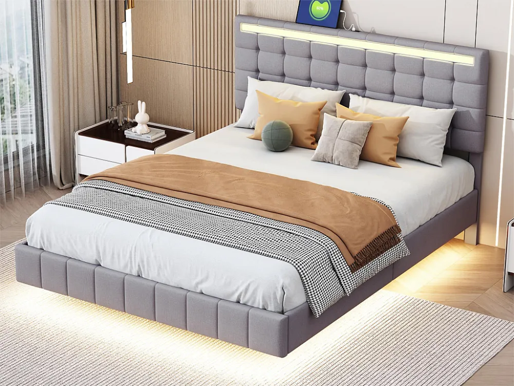 Gestoffeerd bed met hoofdeinde - 140 x 200 cm - zwevend bedframe - LED's - linnenstof - grijs