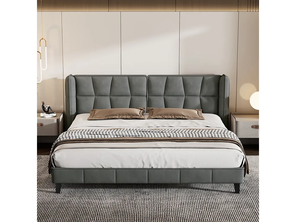Gestoffeerd bed met hoofdeinde - 160 x 200 cm - fluweel - voor volwassenen & tieners - grijs