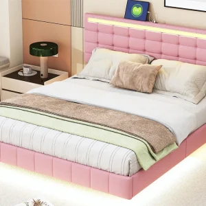 Gestoffeerd bed met hoofdeinde - 160 x 200 cm - zwevend bedframe - LED's - linnenstof - roze