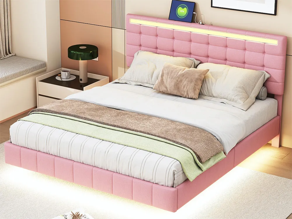 Gestoffeerd bed met hoofdeinde - 160 x 200 cm - zwevend bedframe - LED's - linnenstof - roze