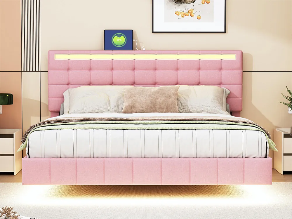 Gestoffeerd bed met hoofdeinde - 160 x 200 cm - zwevend bedframe - LED's - linnenstof - roze