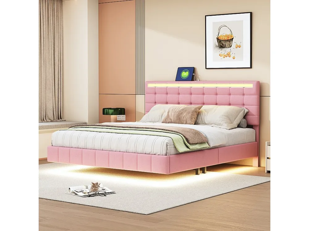 Gestoffeerd bed met hoofdeinde - 160 x 200 cm - zwevend bedframe - LED's - linnenstof - roze
