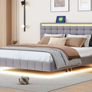 Gestoffeerd bed met hoofdeinde - 160 x 200 cm - zwevend bedframe - LED's - linnenstof - grijs