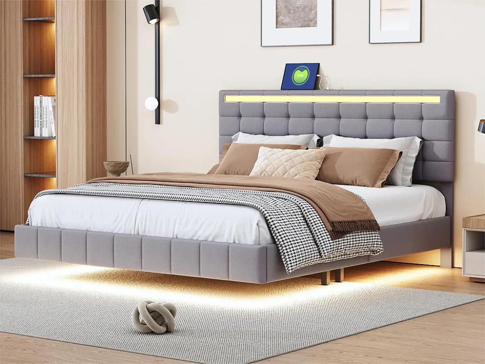 Gestoffeerd bed met hoofdeinde - 160 x 200 cm - zwevend bedframe - LED's - linnenstof - grijs