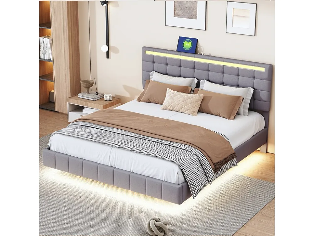 Gestoffeerd bed met hoofdeinde - 160 x 200 cm - zwevend bedframe - LED's - linnenstof - grijs