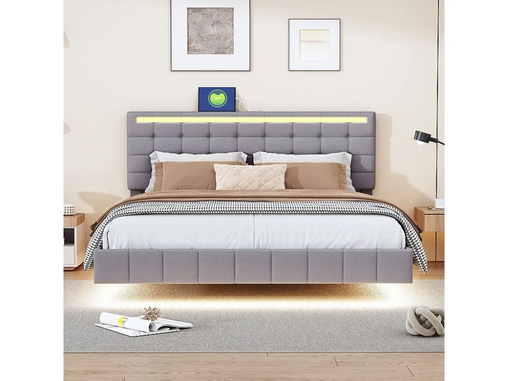 Gestoffeerd bed met hoofdeinde - 160 x 200 cm - zwevend bedframe - LED's - linnenstof - grijs