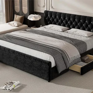 Gestoffeerd fluwelen bed met 2 lades - sledevormig bedeinde - 180x200cm - Zwart