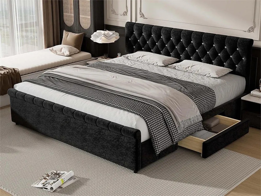Gestoffeerd fluwelen bed met 2 lades - sledevormig bedeinde - 180x200cm - Zwart