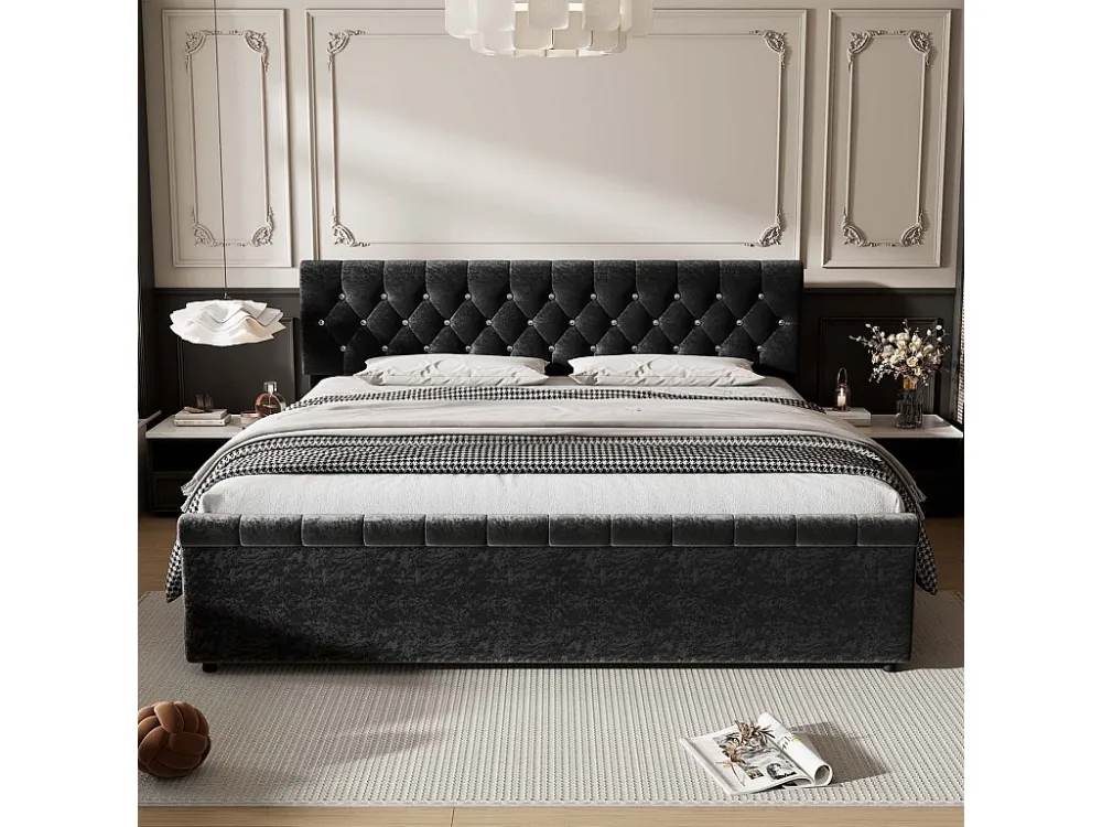 Gestoffeerd fluwelen bed met 2 lades - sledevormig bedeinde - 180x200cm - Zwart