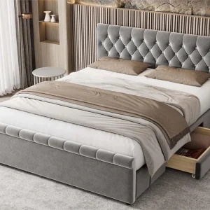 Gestoffeerd fluwelen bed met 2 lades - sledevormig bedeinde - 140x200cm - Grijs