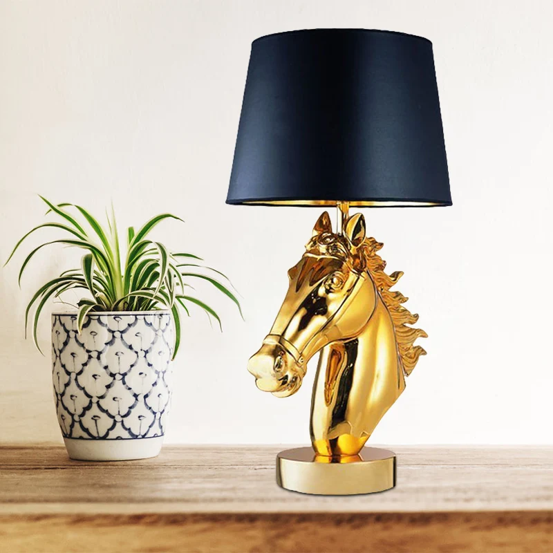 Glad Gold/Black Steed Head Night Light Farmhouse Resin 1-Light Bedside Table Lamp Tapered Shade Black