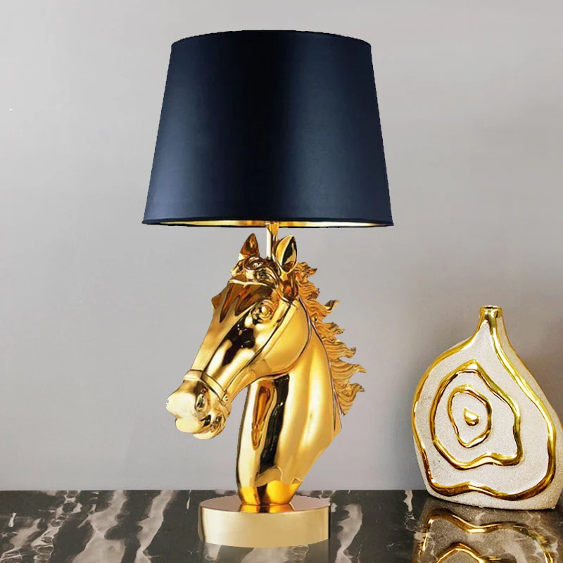Glad Gold/Black Steed Head Night Light Farmhouse Resin 1-Light Bedside Table Lamp Tapered Shade Black