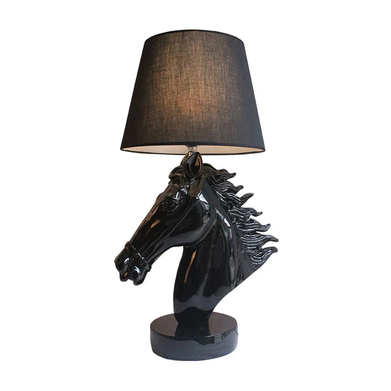 Glad Gold/Black Steed Head Night Light Farmhouse Resin 1-Light Bedside Table Lamp Tapered Shade Black