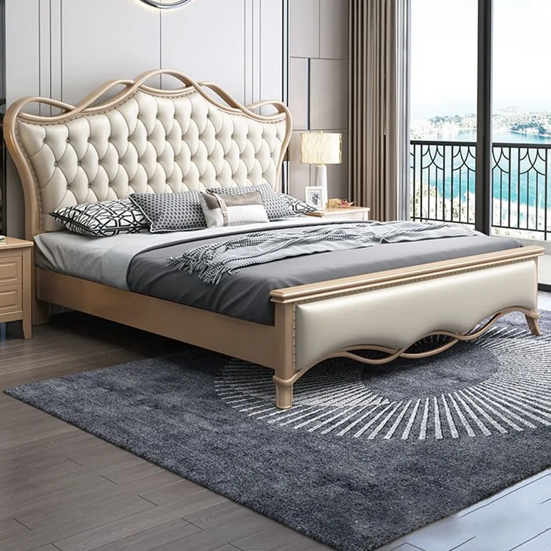 Glam Solid Wood Mattress Included Headboard Camelback Panel Standaard Bed Gloss