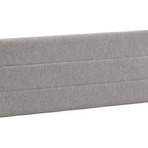 Grijze gestoffeerde hoofdeinde Miconos 140x60 cm voor bed van 135, gewatteerd met schuim, horizontaal geborduurd, 8 cm zwaar.