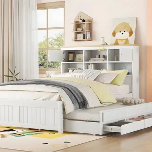 Houten onderschuifbed 140x200cm - met 3 lades en opberghoofdeinde - Wit