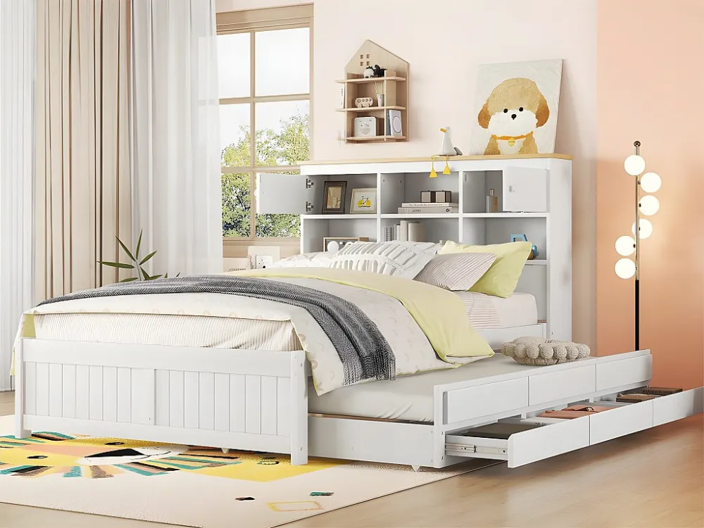 Houten onderschuifbed 140x200cm - met 3 lades en opberghoofdeinde - Wit