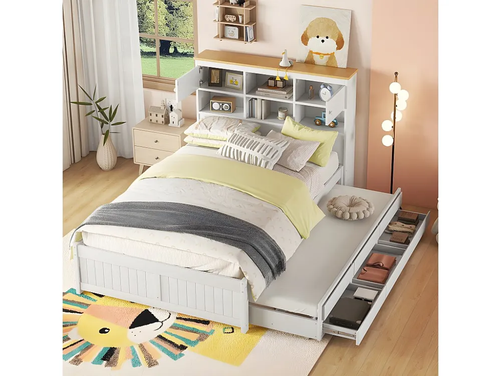 Houten onderschuifbed 140x200cm - met 3 lades en opberghoofdeinde - Wit