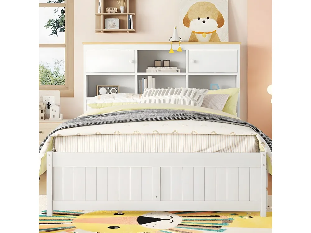 Houten onderschuifbed 140x200cm - met 3 lades en opberghoofdeinde - Wit