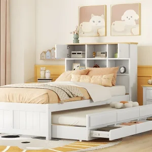 Houten onderschuifbed 90x200cm - met 3 lades en opberghoofdeinde - Wit