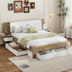 Lit 140x200cm, avec plusieurs tiroirs, sommier à lattes et tête de lit avec 2 chevets, MDF, coloris blanc + chêne