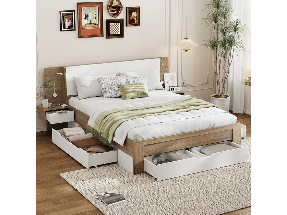 Lit 140x200cm, avec plusieurs tiroirs, sommier à lattes et tête de lit avec 2 chevets, MDF, coloris blanc + chêne